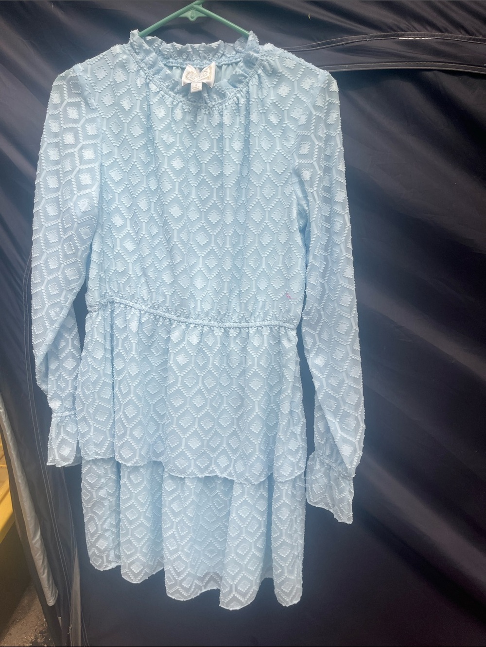 Light Blue Long-Sleeve Lace Tiered Dress with Ruffled Neckline